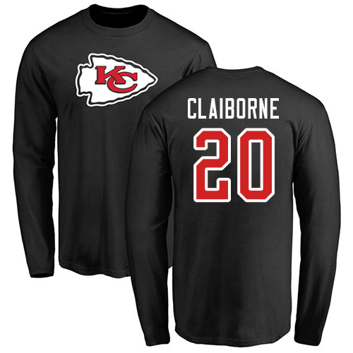 Men Kansas City Chiefs #20 Claiborne Morris Black Name and Number Logo Long Sleeve T-Shirt